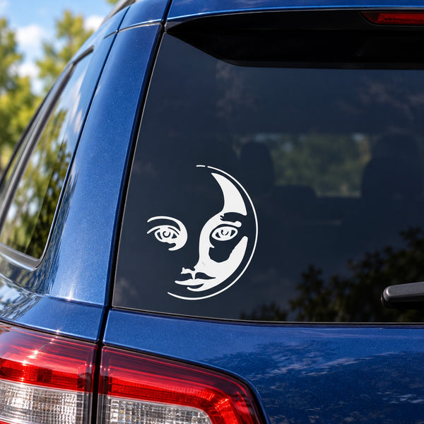 Cat and moon face vinyl decal, white on car rear window