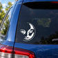 Cat and moon face vinyl decal, white on car rear window