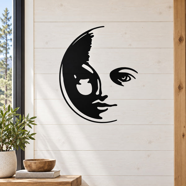 Girl moon wall decal featuring black silhouette of a girl on a crescent moon