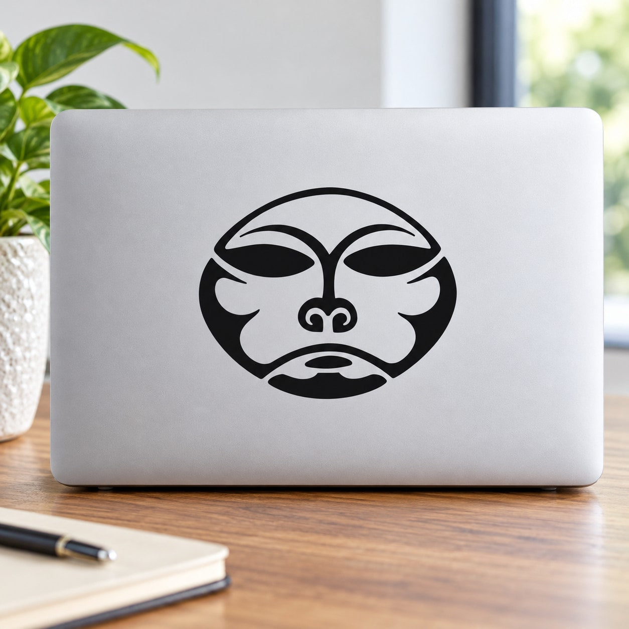 Dog moon face decal, black stylized canine emblem on light laptop lid