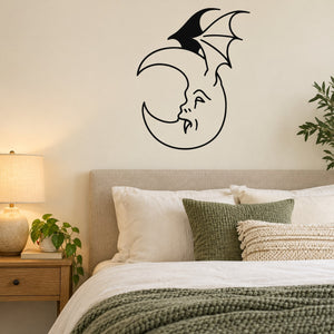 Black vampire moon wall decal with bat and stylized face in crescent shape