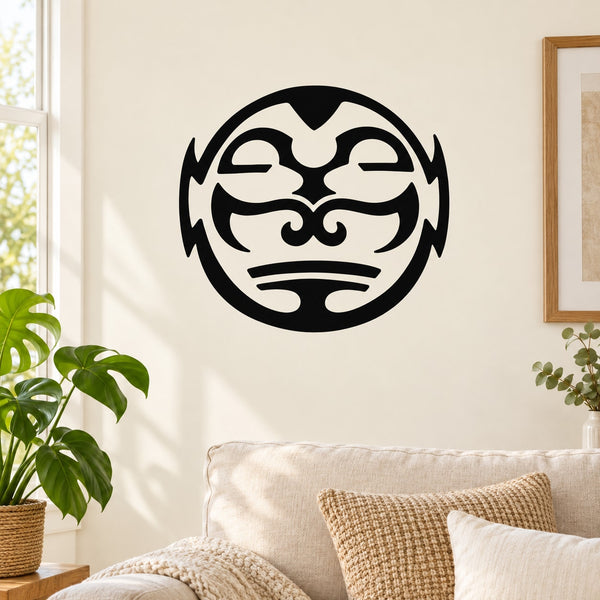 Circular moon face wall decal with black and white illustrated expression