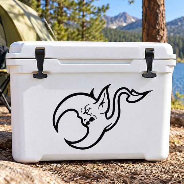 White cooler with black elf moon tail decal