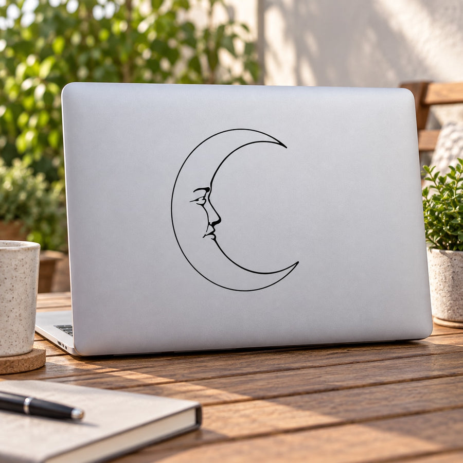 Thin Moon Outline Decal — illustrative vinyl decal application mockup. Surrounding objects are not included.