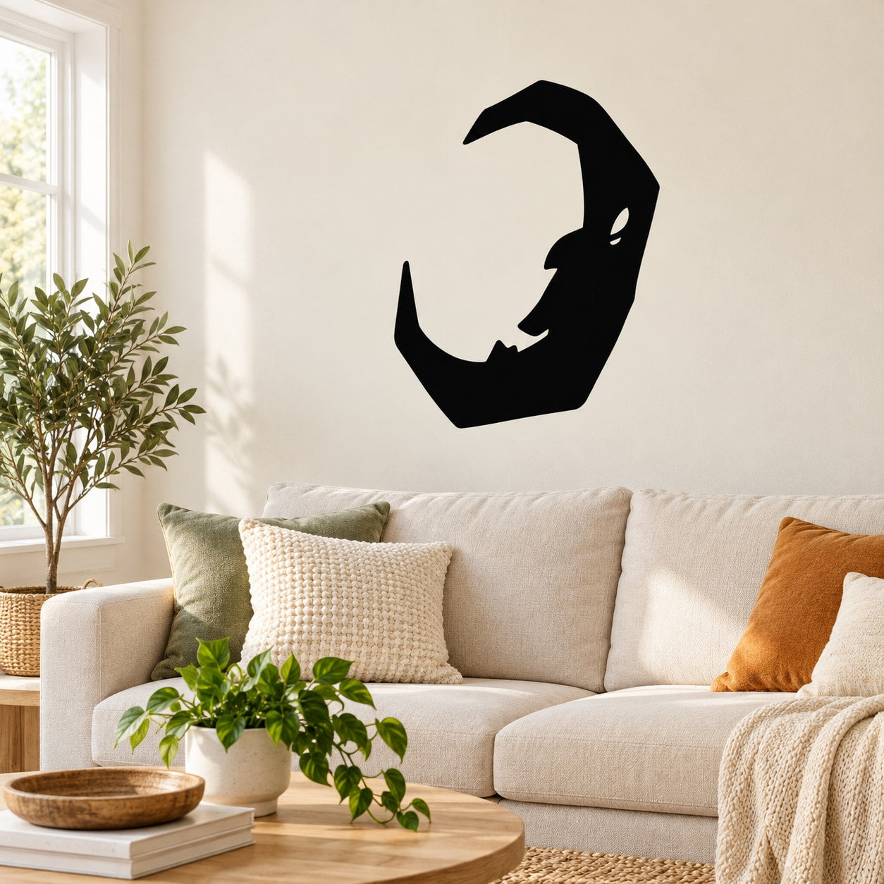 Black jagged moon face wall decal silhouette