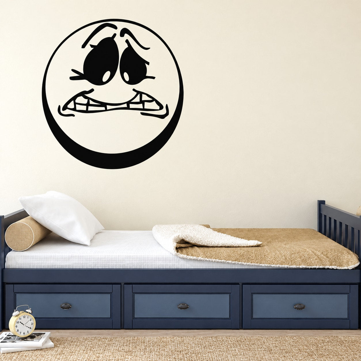 Worried moon decal: circular black cartoon face with worried expression