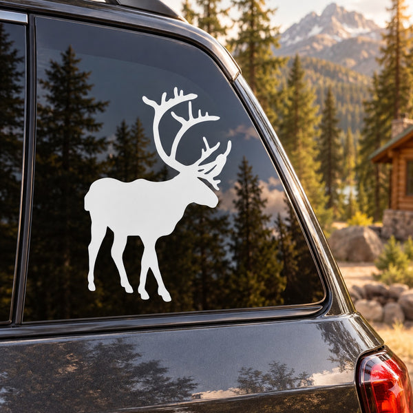 White standing caribou silhouette decal on car window glass