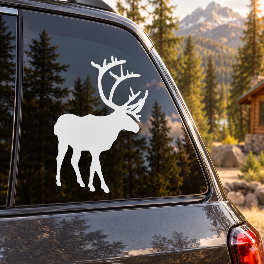 White standing caribou silhouette decal on car window glass