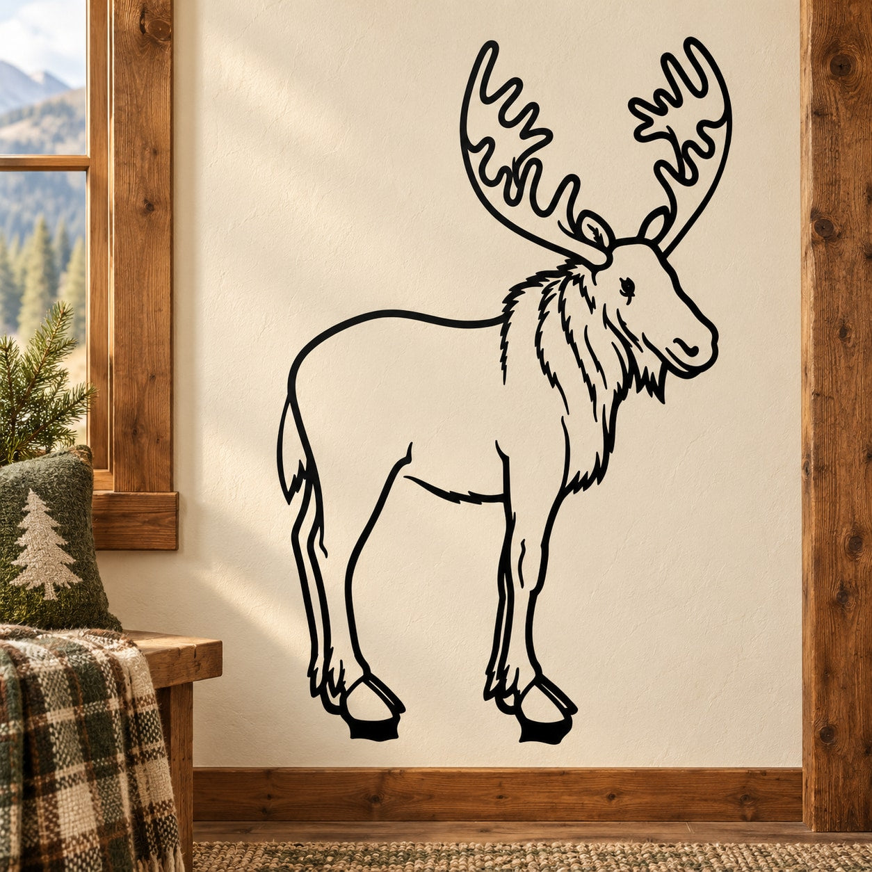 Standing moose wall decal with black outline and white fur detail