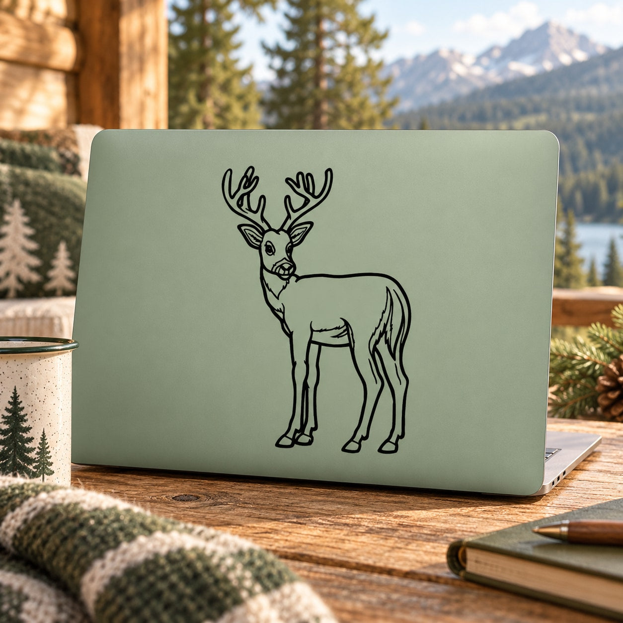 Reindeer decal with turning-head outline on mint-colored background