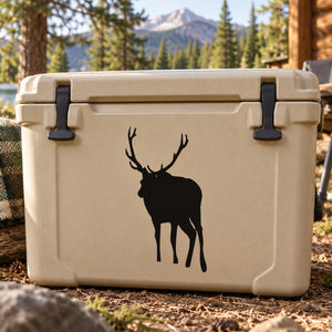 Black elk buck decal featuring a standing silhouette on a beige cooler