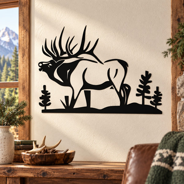 Black moose wall decal silhouette with trees and landscape banner