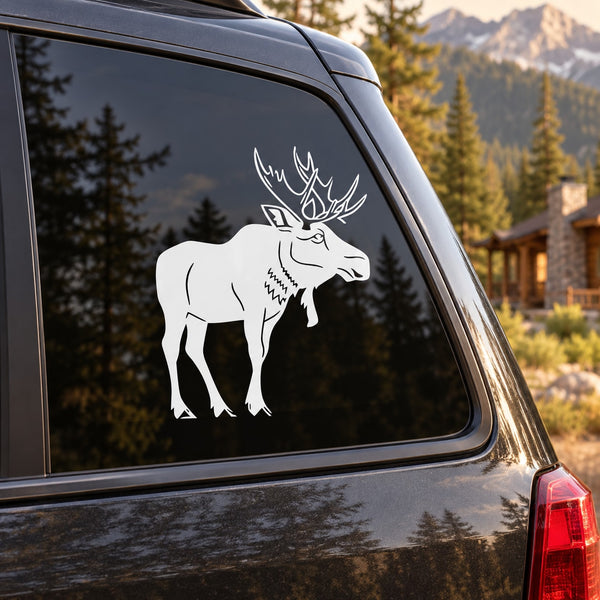 White moose decal on car window, clear outline and raised antlers