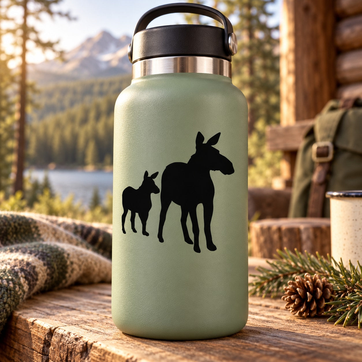 Moose family protective decal with three black moose silhouettes on a pale green bottle
