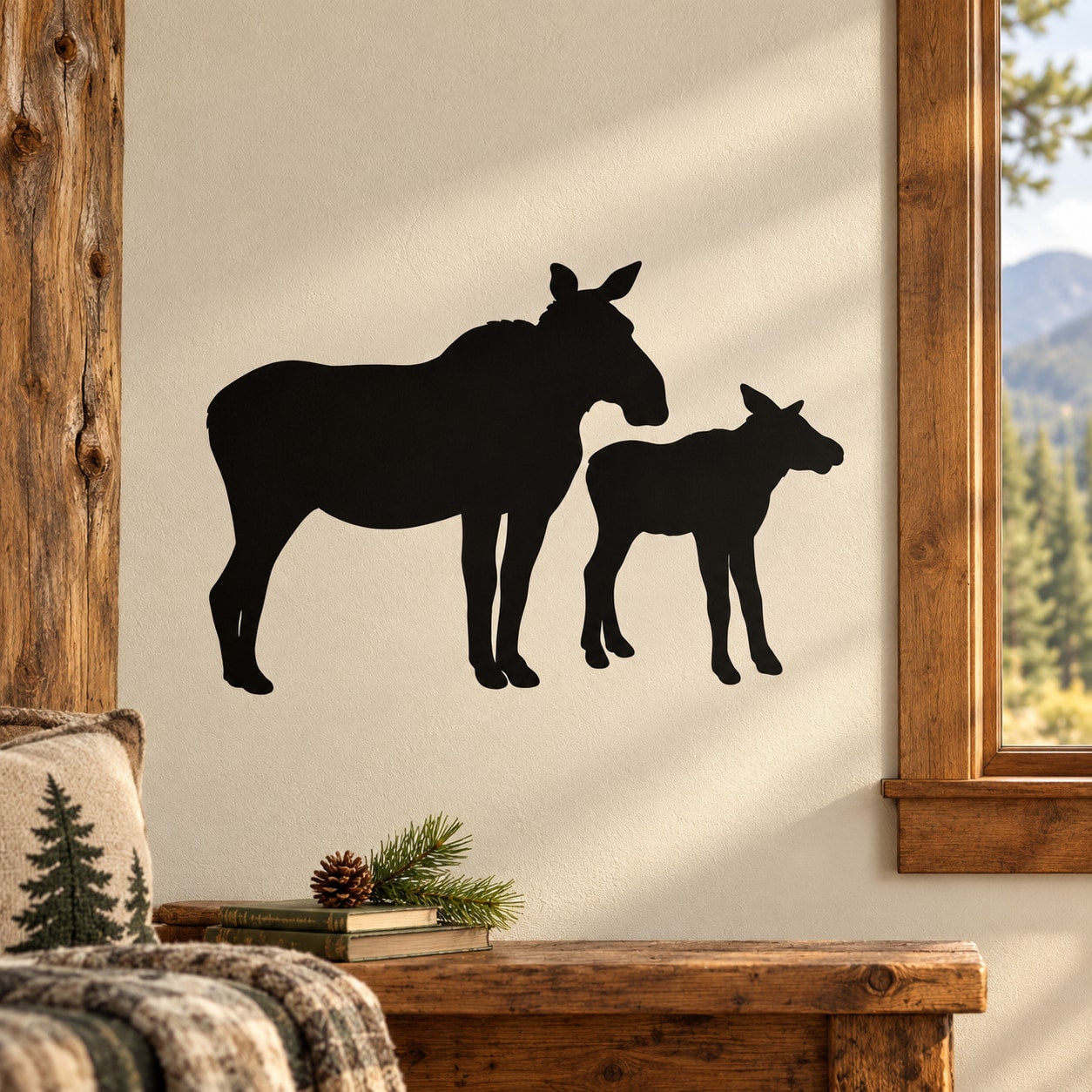 Black moose family standing silhouette wall decal