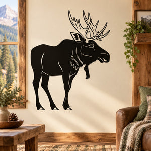 Moose wall decal sticker, black silhouette with antlers and pine cone details