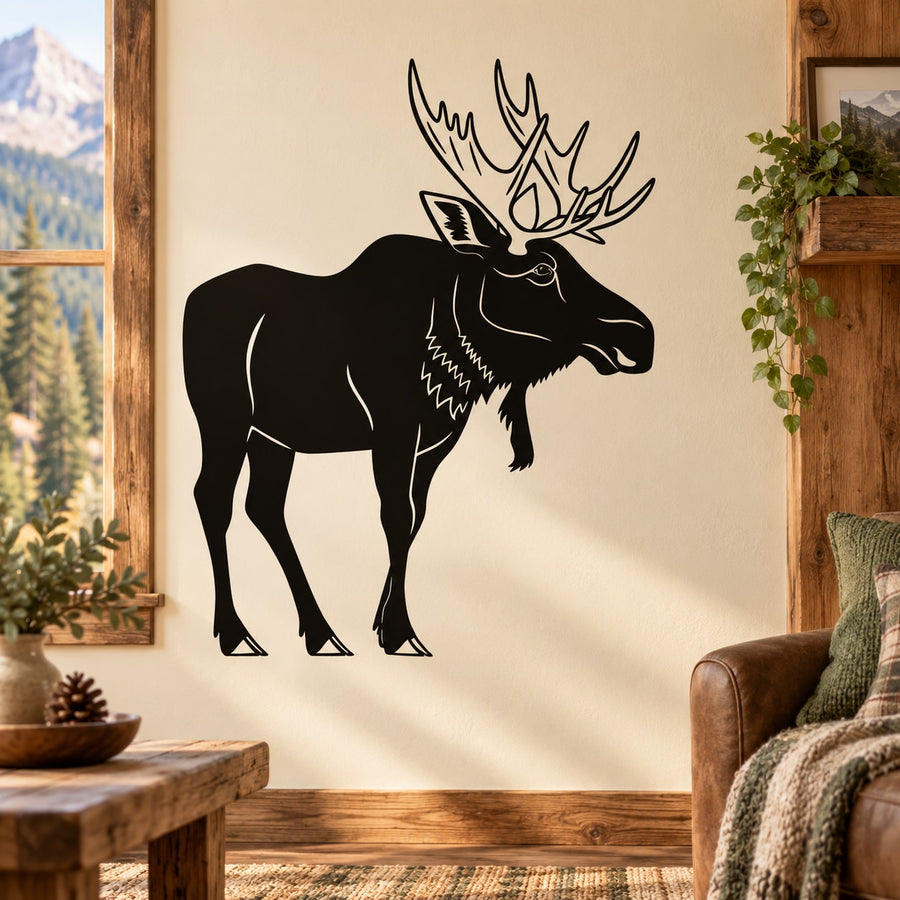 Moose wall decal sticker, black silhouette with antlers and pine cone details