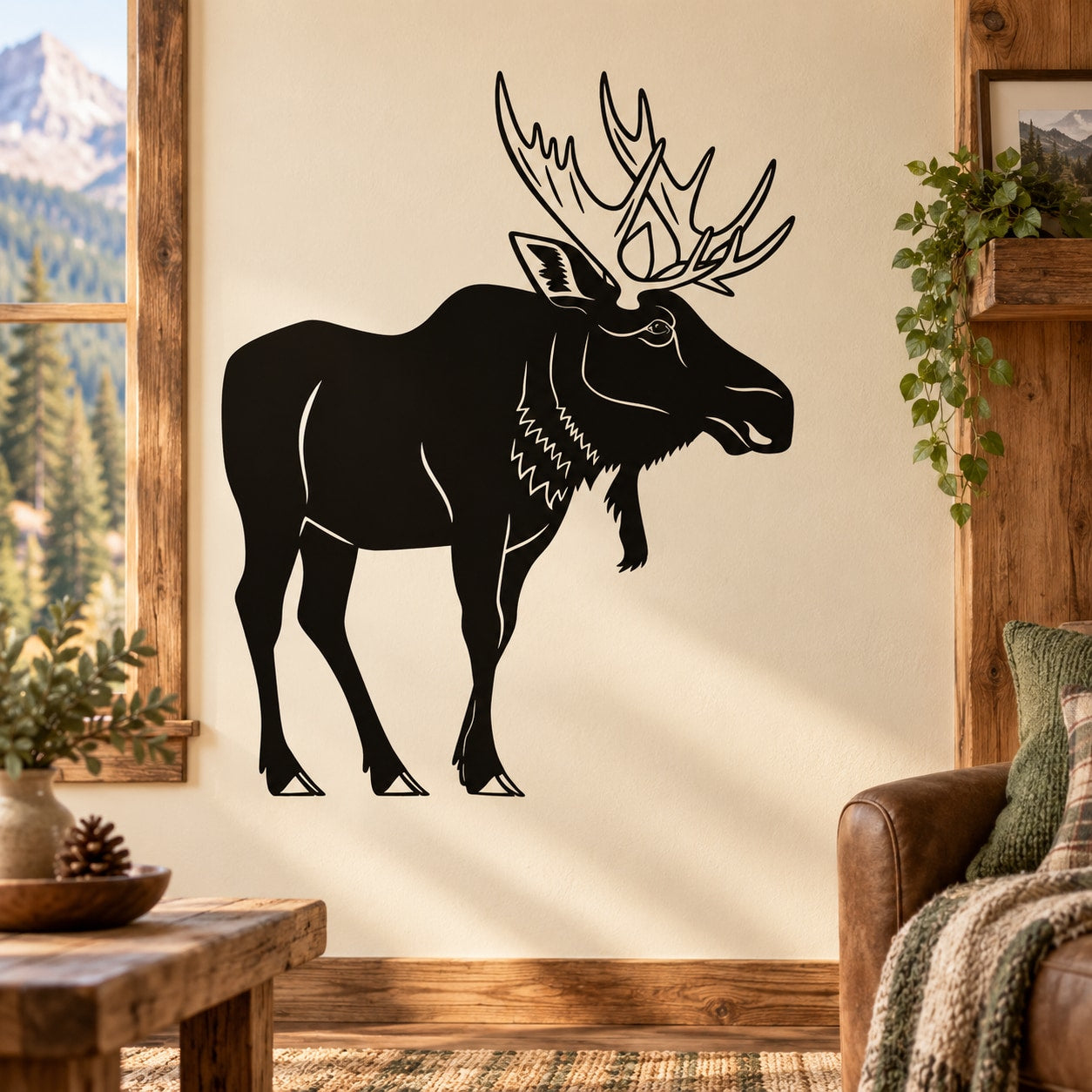 Moose wall decal sticker, black silhouette with antlers and pine cone details