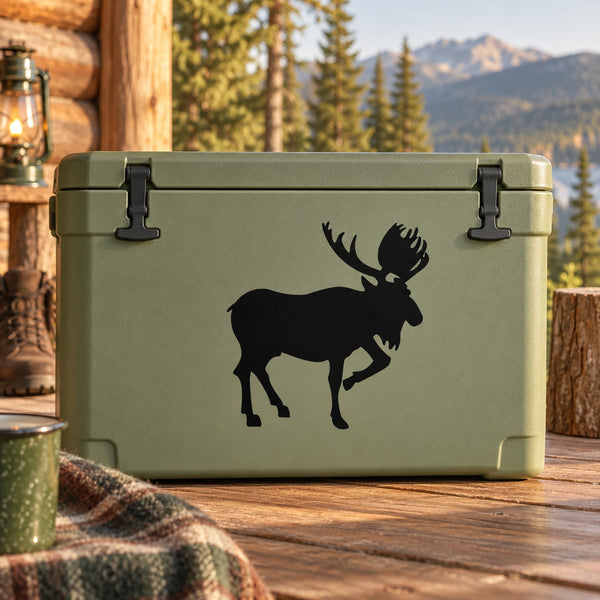 Black moose decal on olive-green cooler