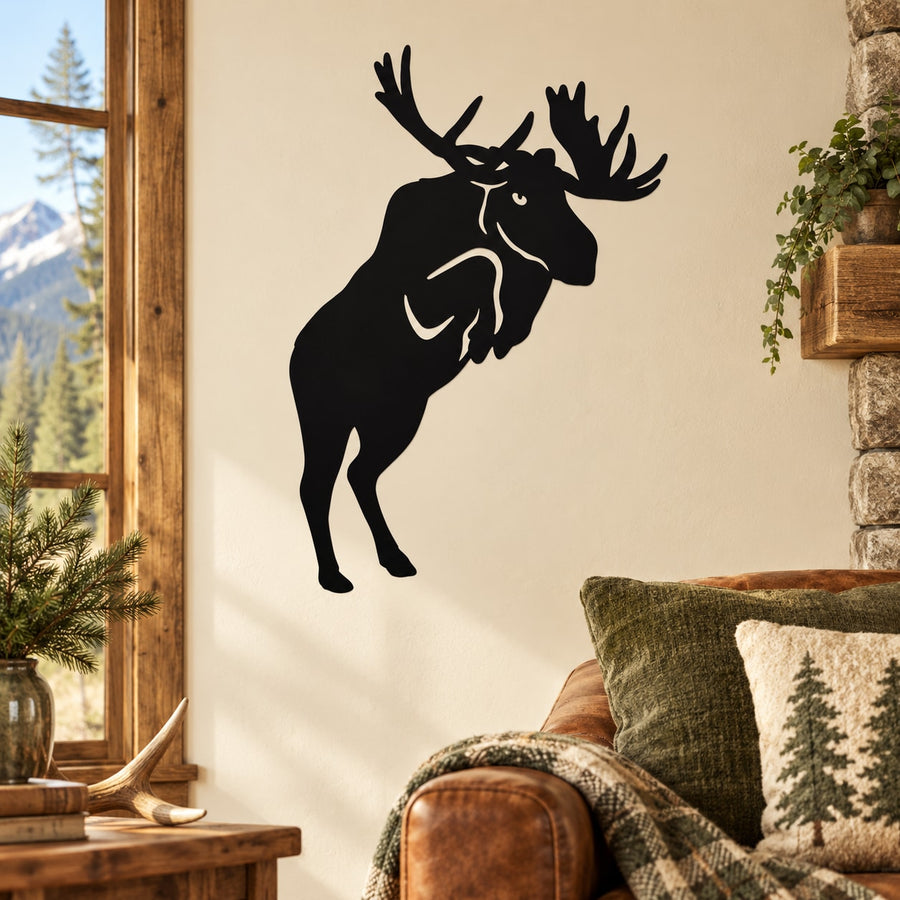 Black jumping moose wall decal silhouette with antlers and lifted leg