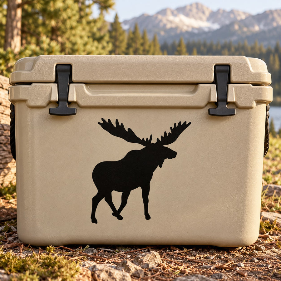 Black moose silhouette decal on light beige cooler lid