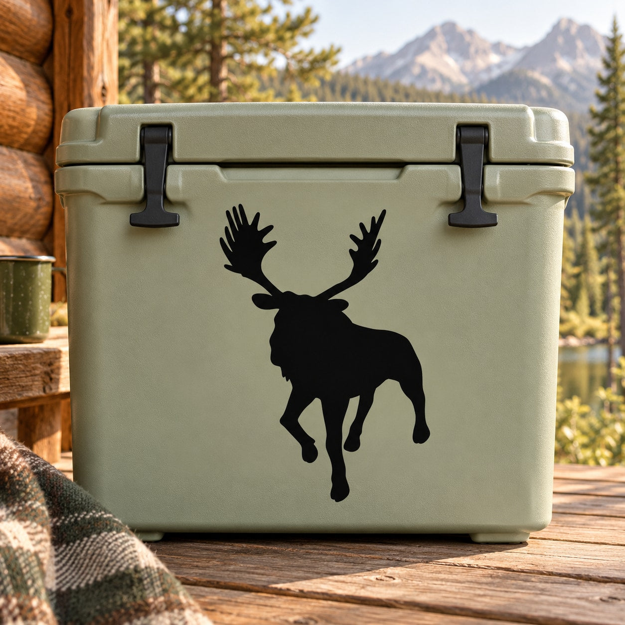 Black moose silhouette decal on light green cooler with side latches