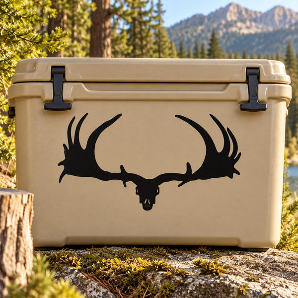 Moose horns decal in black on a beige cooler