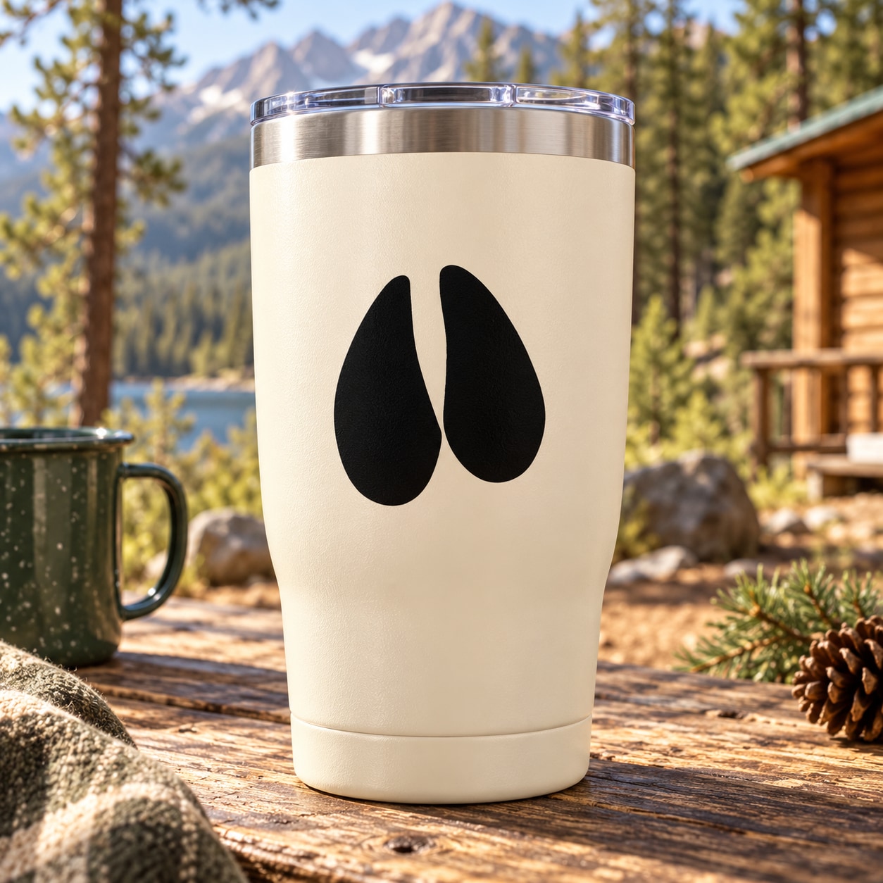 Cream tumbler with black moose hoof track decal
