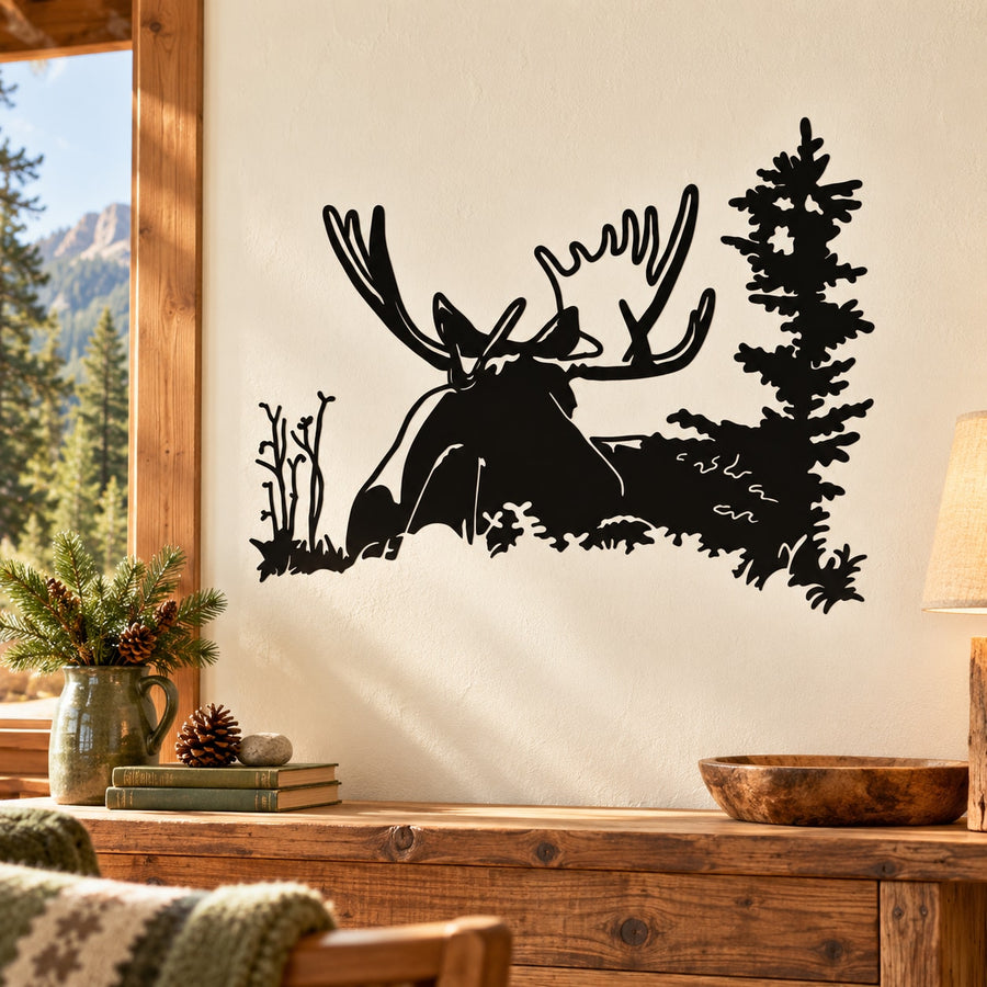 Black moose and pine tree wall decal silhouette