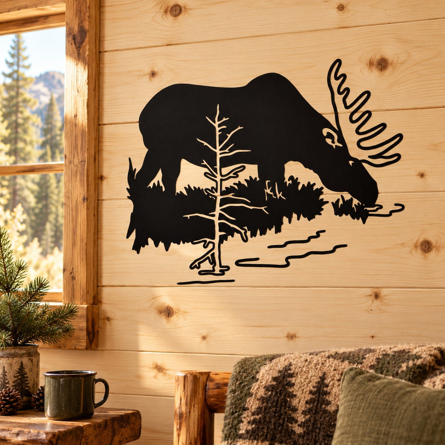 Black moose drinking water wall decal silhouette with antlers and forest scene