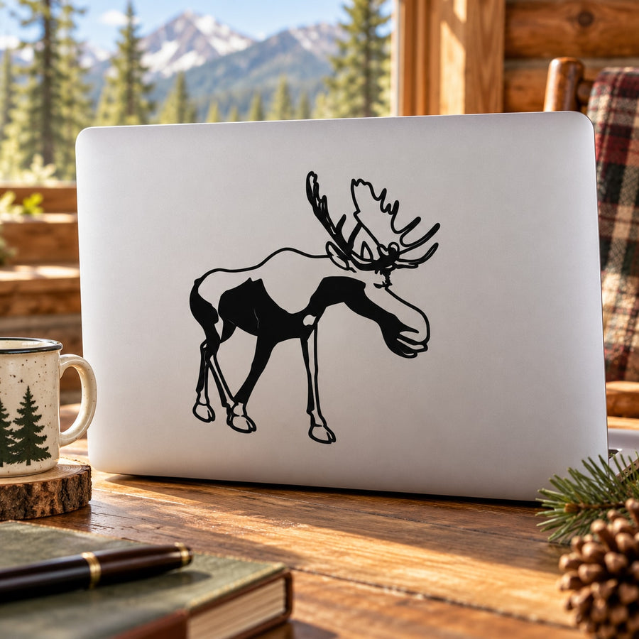 Black outline walking moose kids decal sticker, centered on light surface