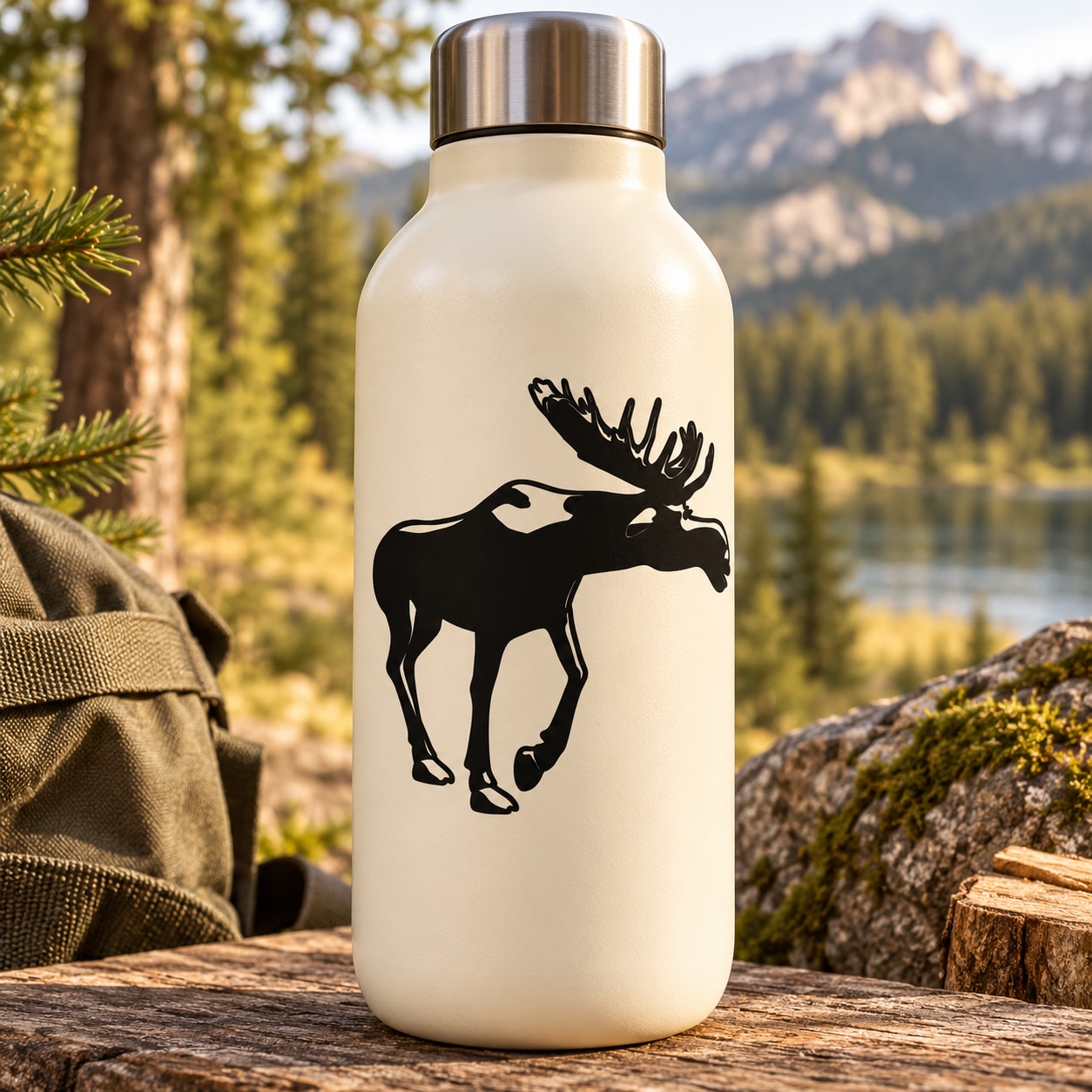 Moose silhouette decal on white water bottle