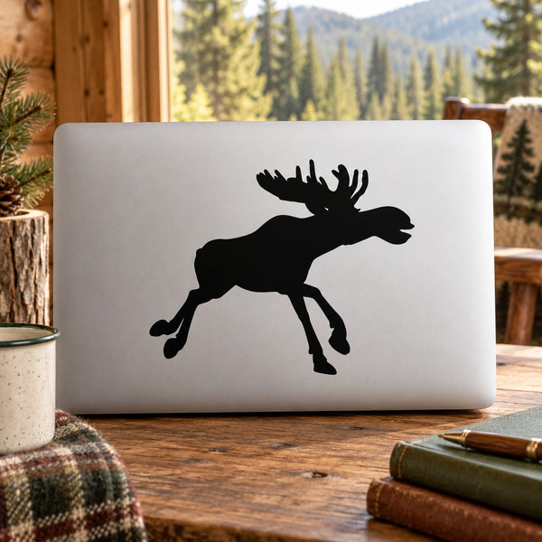 Running moose silhouette decal, black on white rectangular sheet
