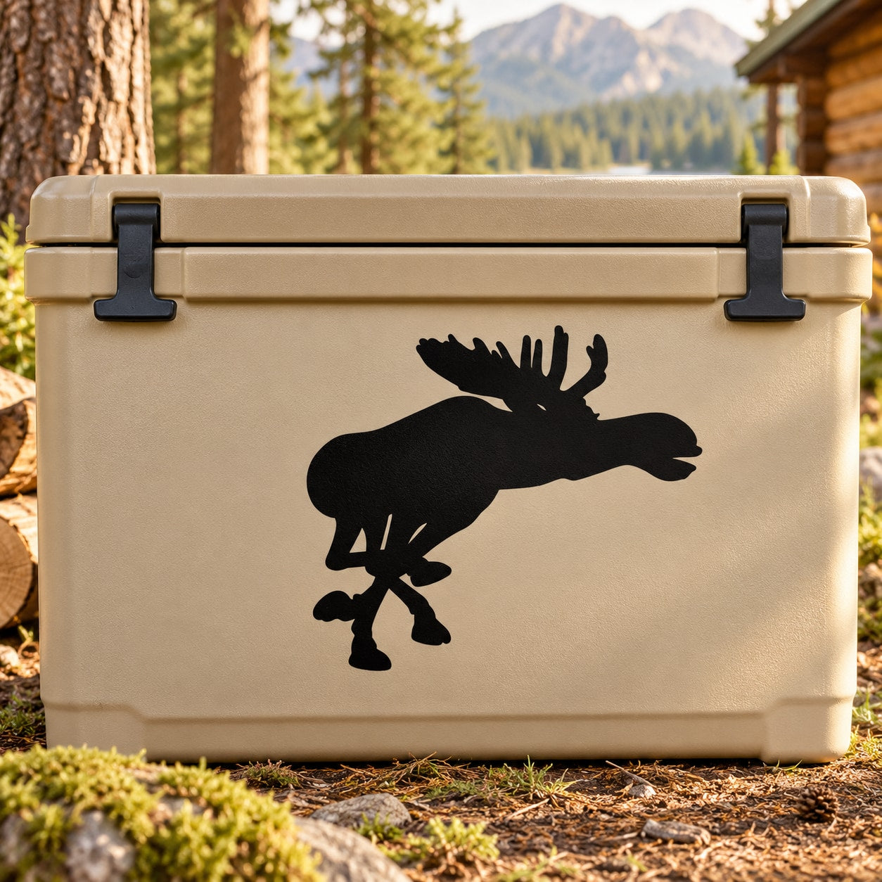 Black moose silhouette decal showing a galloping moose on a light beige surface