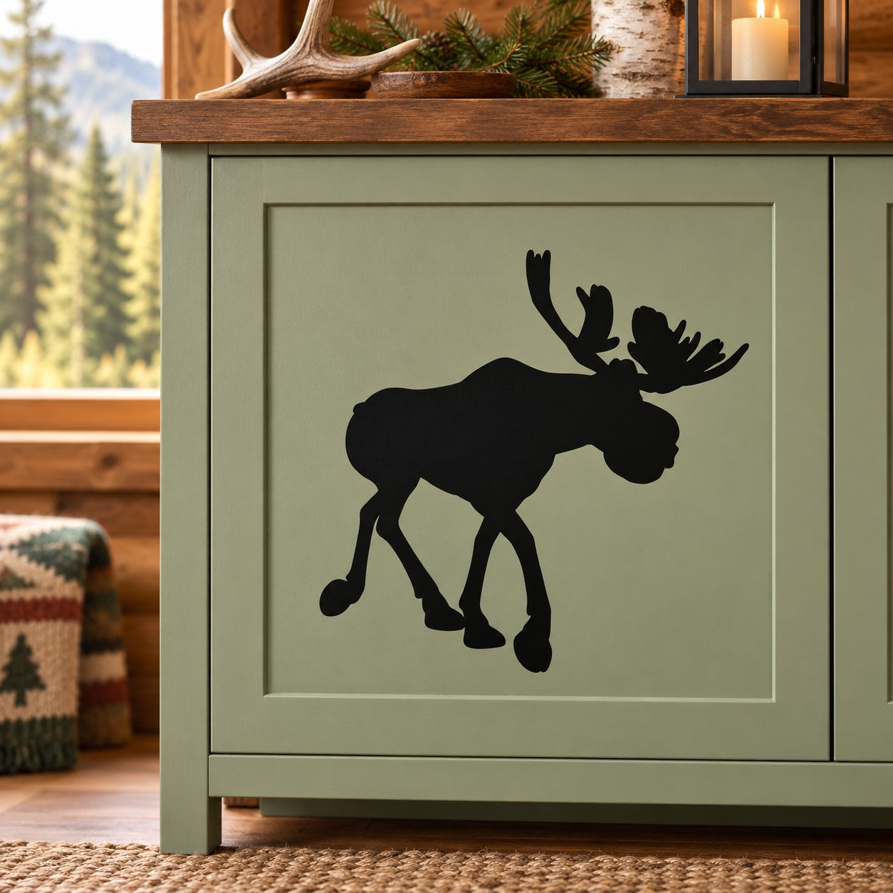 Black moose silhouette wall decal with raised antlers and legs