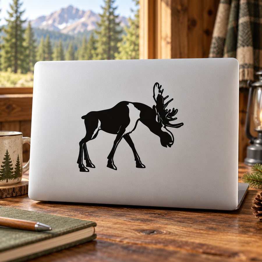 Strolling moose decal with black silhouette on light background