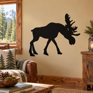 Black moose silhouette wall decal with antlers, strolling pose