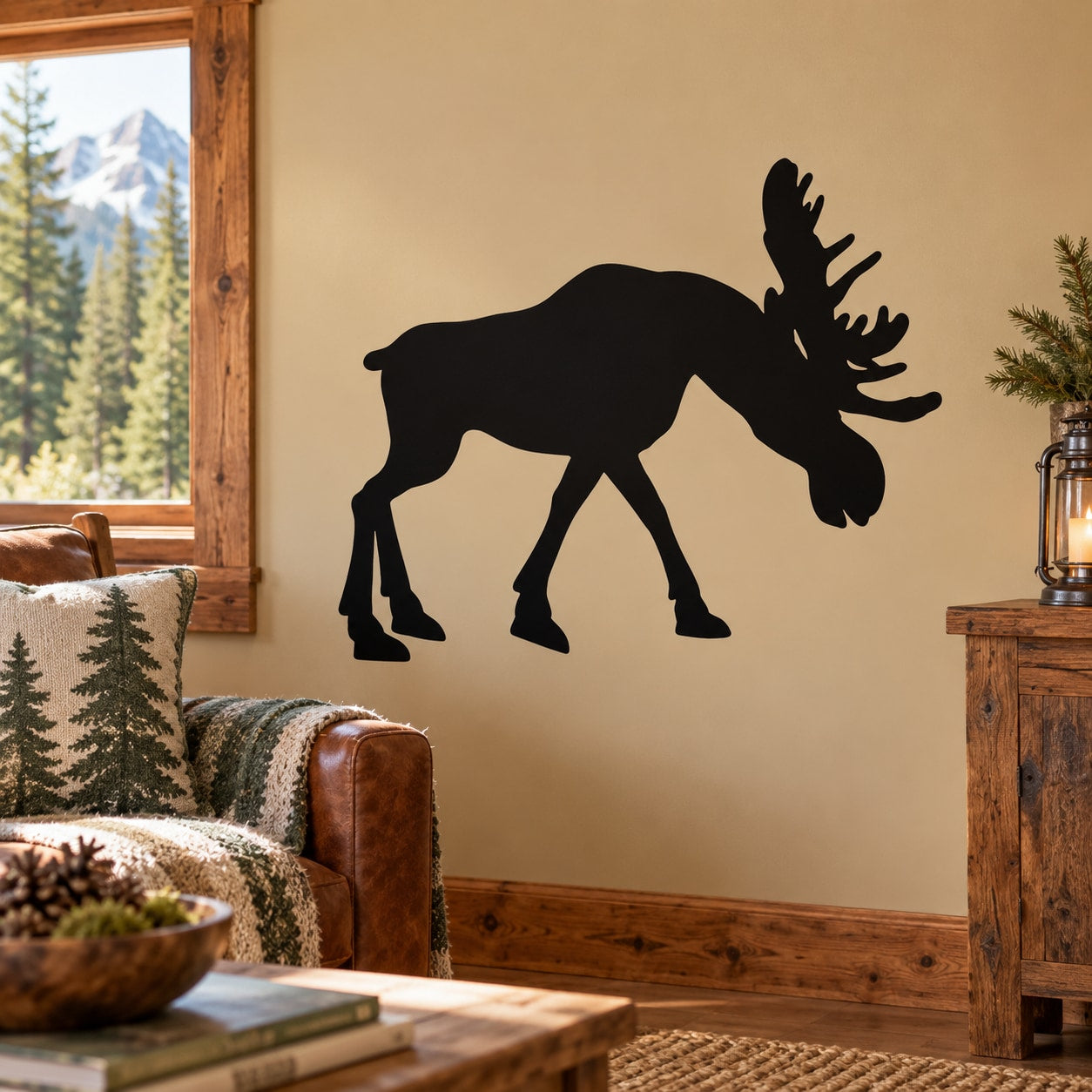 Black moose silhouette wall decal with antlers, strolling pose