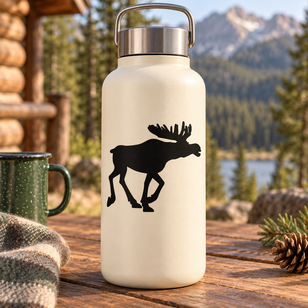 Black moose silhouette decal on cream bottle, antlers and legs outline