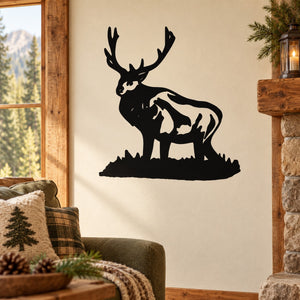 Black deer head antler silhouette wall decal, standing in field