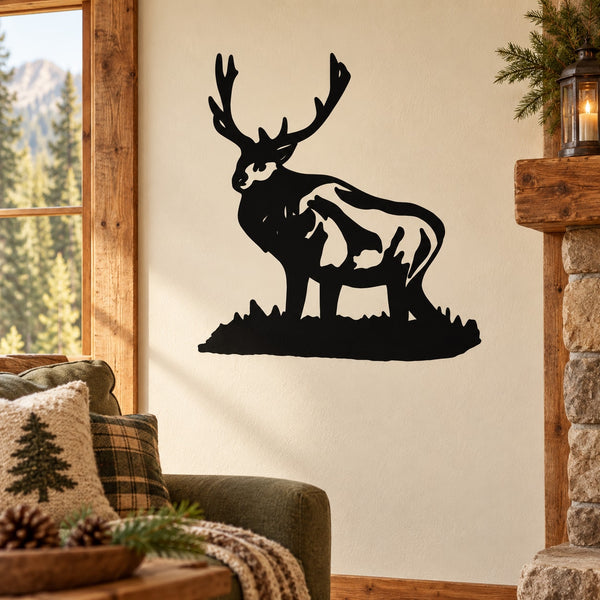 Black deer head antler silhouette wall decal, standing in field