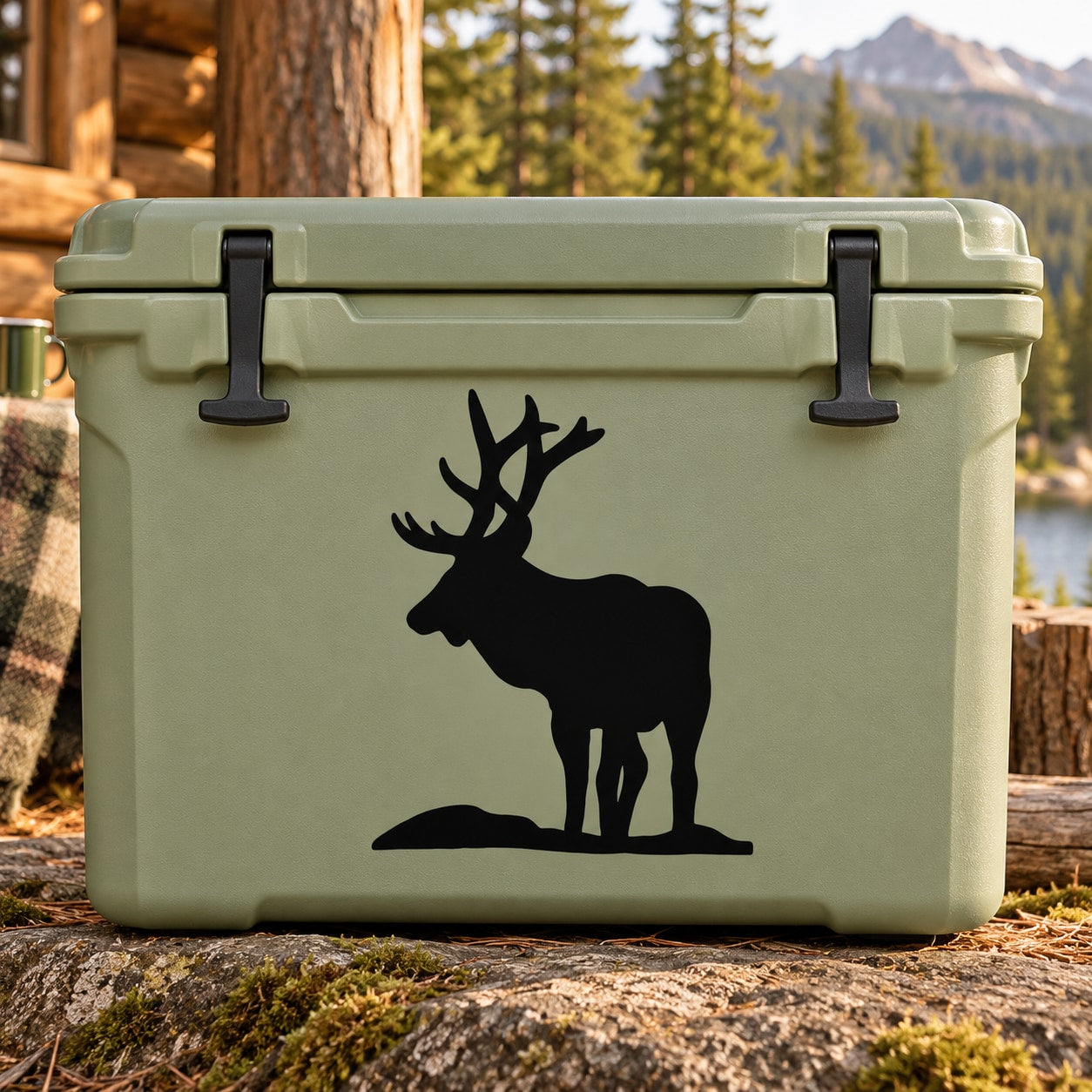 Black elk silhouette decal for outdoor coolers and gear, with grass base