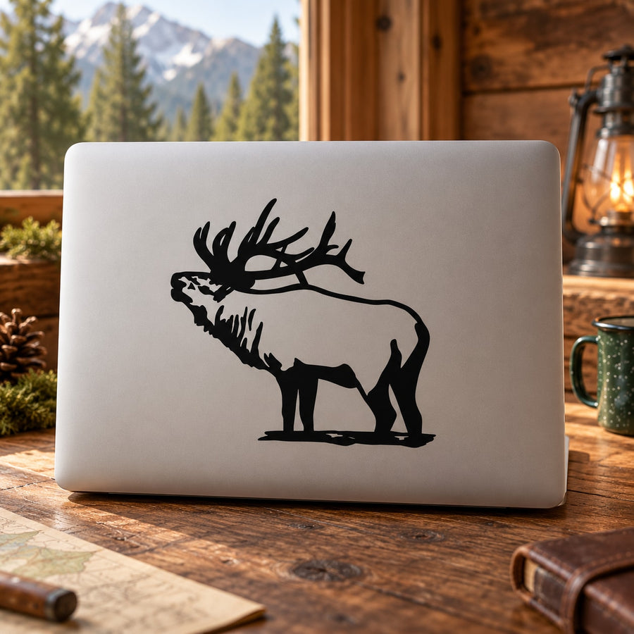 Elk buck decal showing black silhouette on light laptop lid