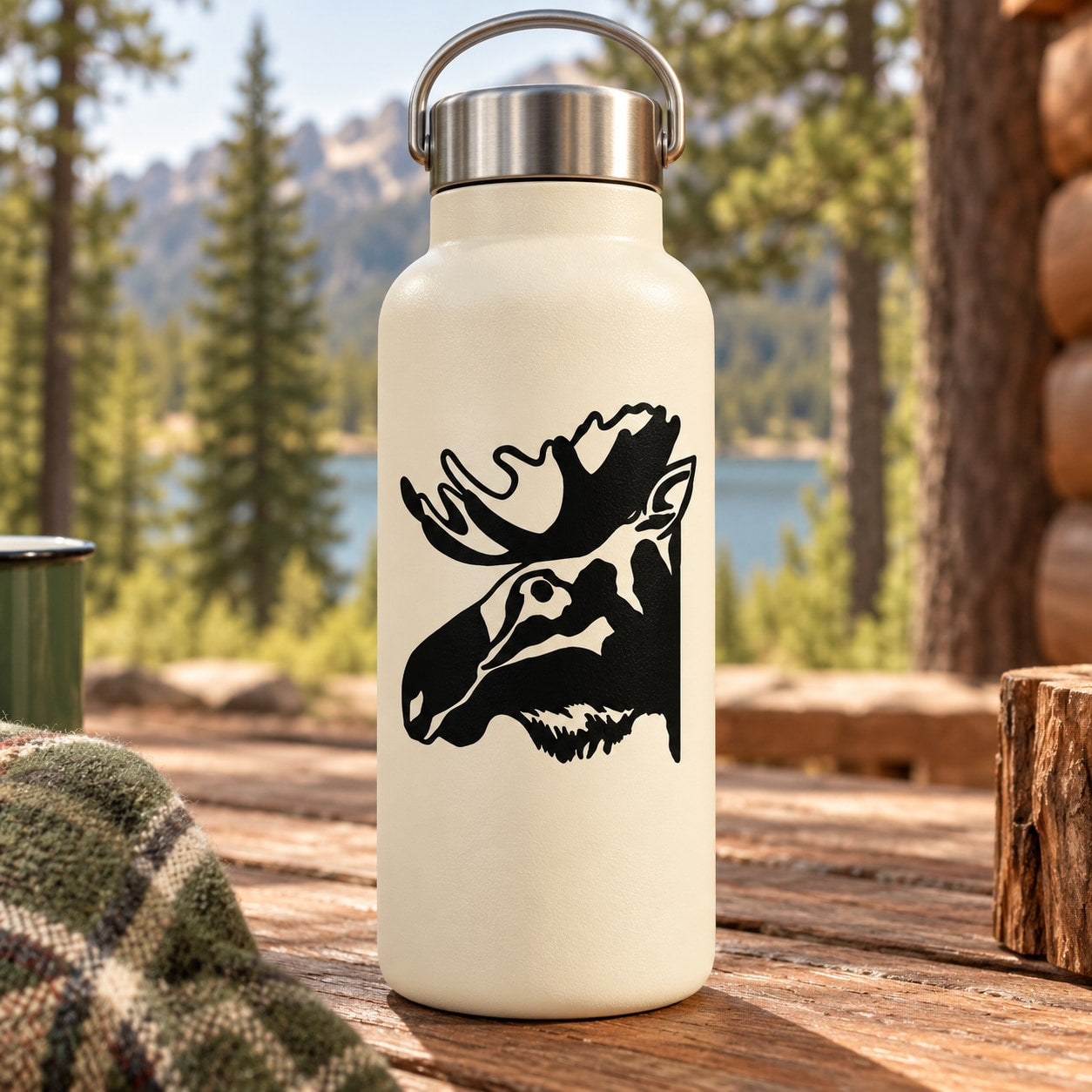 Moose head decal in black, silhouette on white bottle.