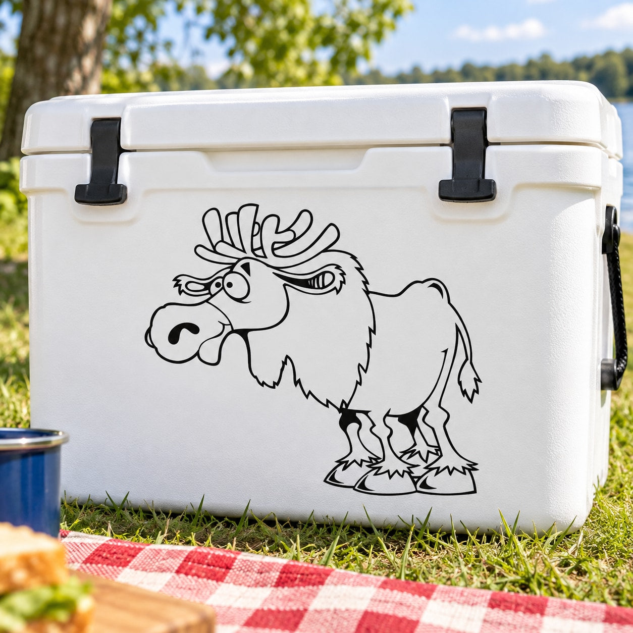 Black moose cartoon decal on white cooler panel