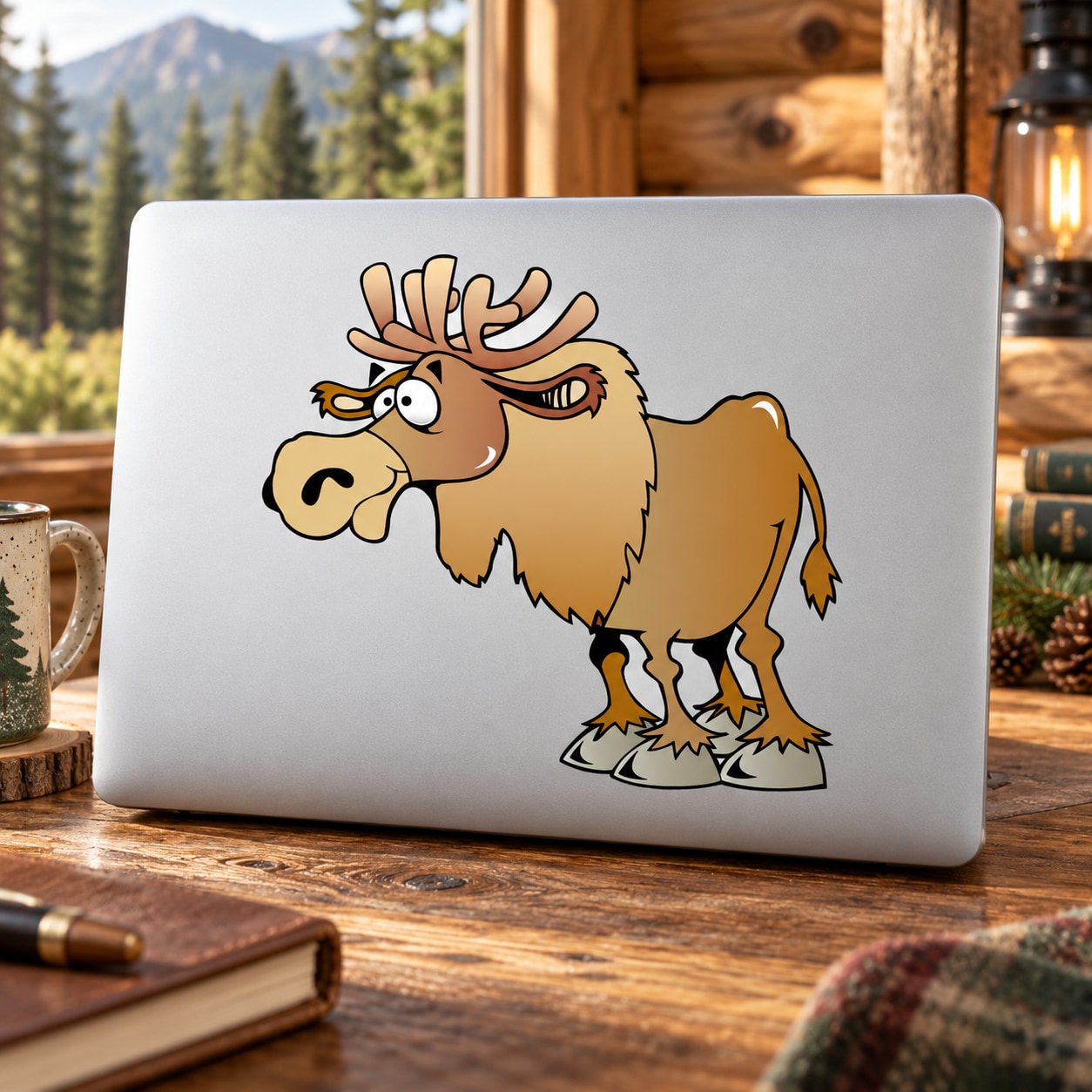 Cartoon moose sticker with standing brown moose and antlers on white backing