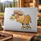 Cartoon moose sticker with standing brown moose and antlers on white backing