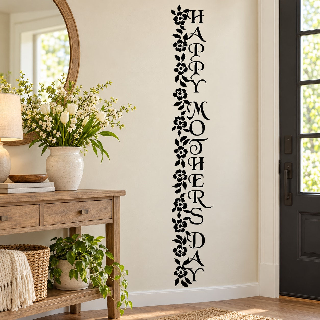 Vertical Happy Mother's Day decal with ornate floral vine border