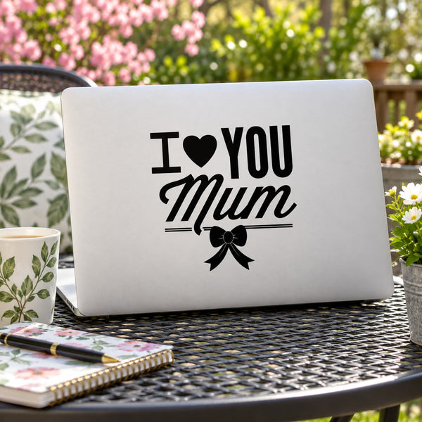 Love You Mum heart ribbon decal with I heart You Mum text