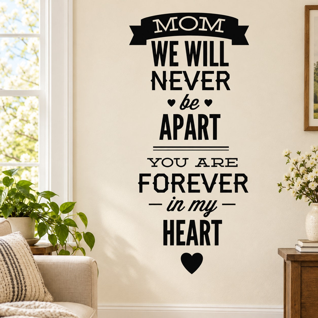 Forever In My Heart Mom Quote Decal — illustrative vinyl decal application mockup. Surrounding objects are not included.